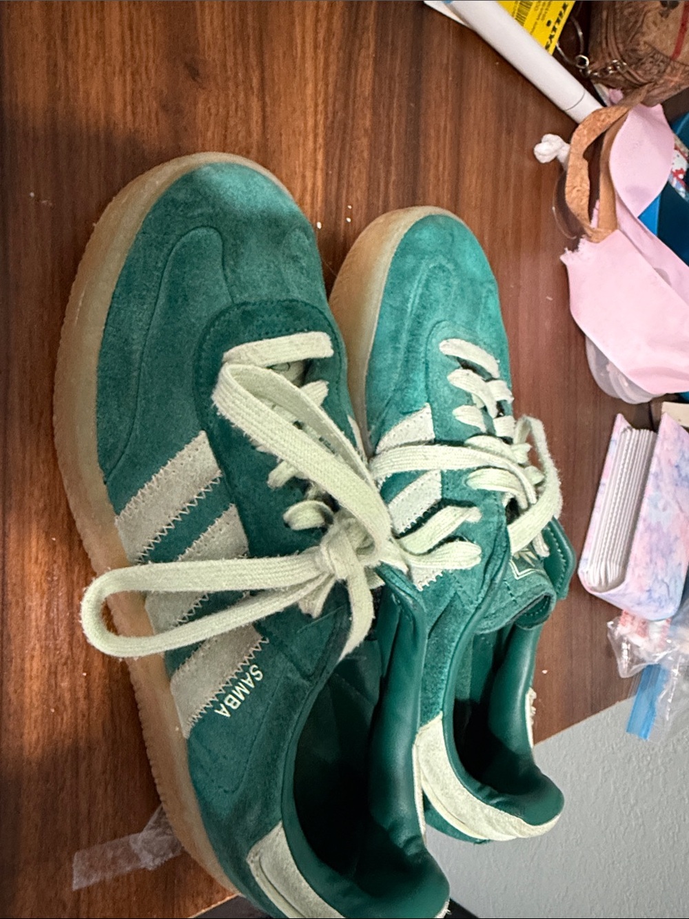 adidas Kids Green Suede Sneakers with Cream Stripes